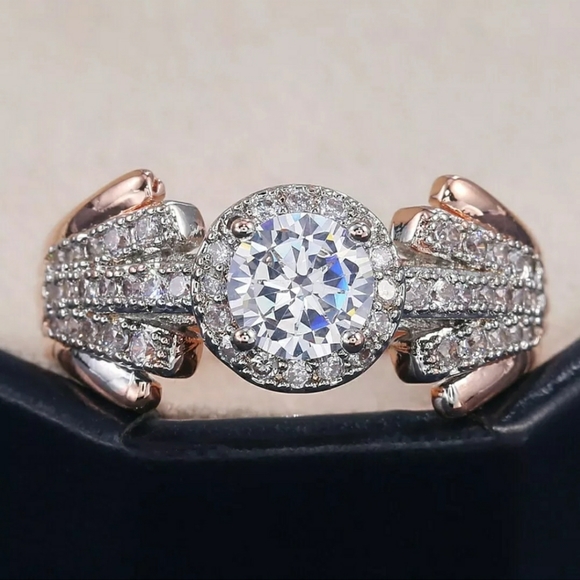 NWT 1 CZ WHITE GOLD W ROSE GOLD TRIM sterling silver gold  CZ Ring - Picture 6 of 15